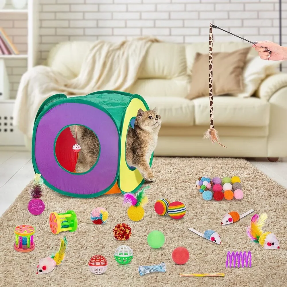 33PCS Cat Toys Set with Tunnel, Interactive Kit Balls Mice Wand Kitten Play